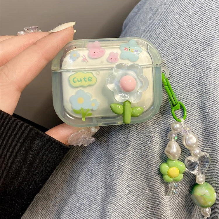 جراب سماعات AirPods مزين بزهرة لطيفة مع تعليقات ملونة